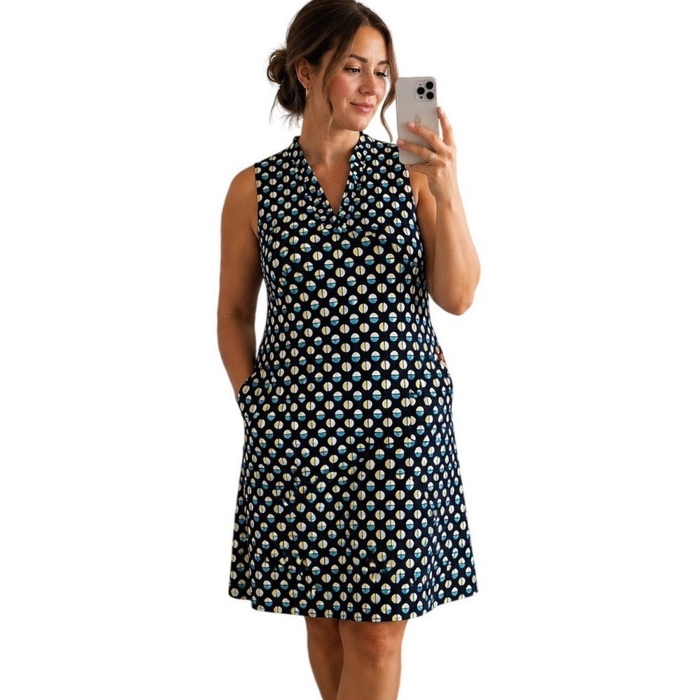 Crown & Ivy Dress Plus 16 Navy Geometric Print Sleeveless Midi Shift Pockets